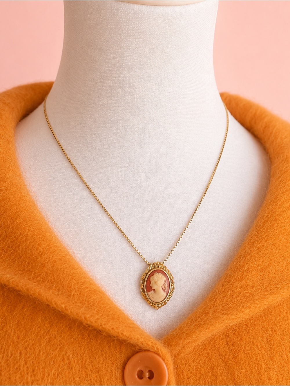 Pierre Cardin Signed Cameo Pendant Necklace Vintage 70s Gold Tone Chain